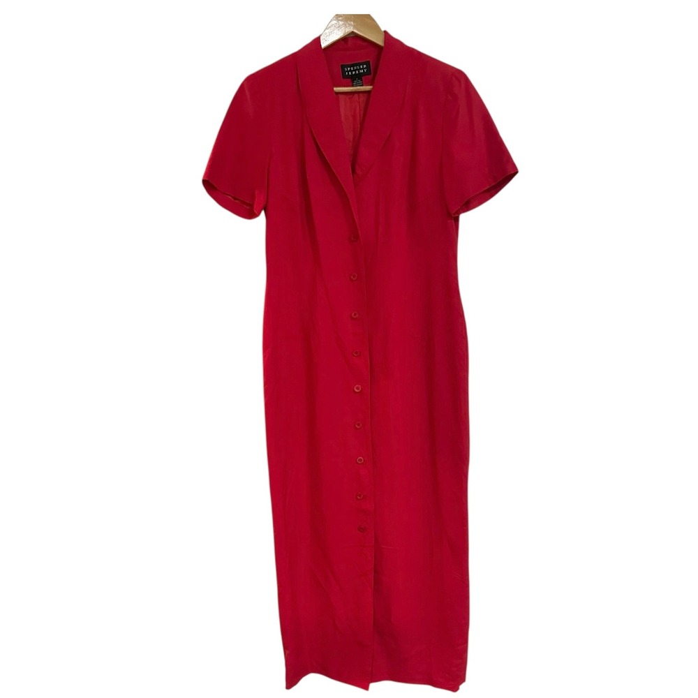 Vintage 90s Spenser Jeremy Red 100% Silk Button Down Maxi Dress Size 8
